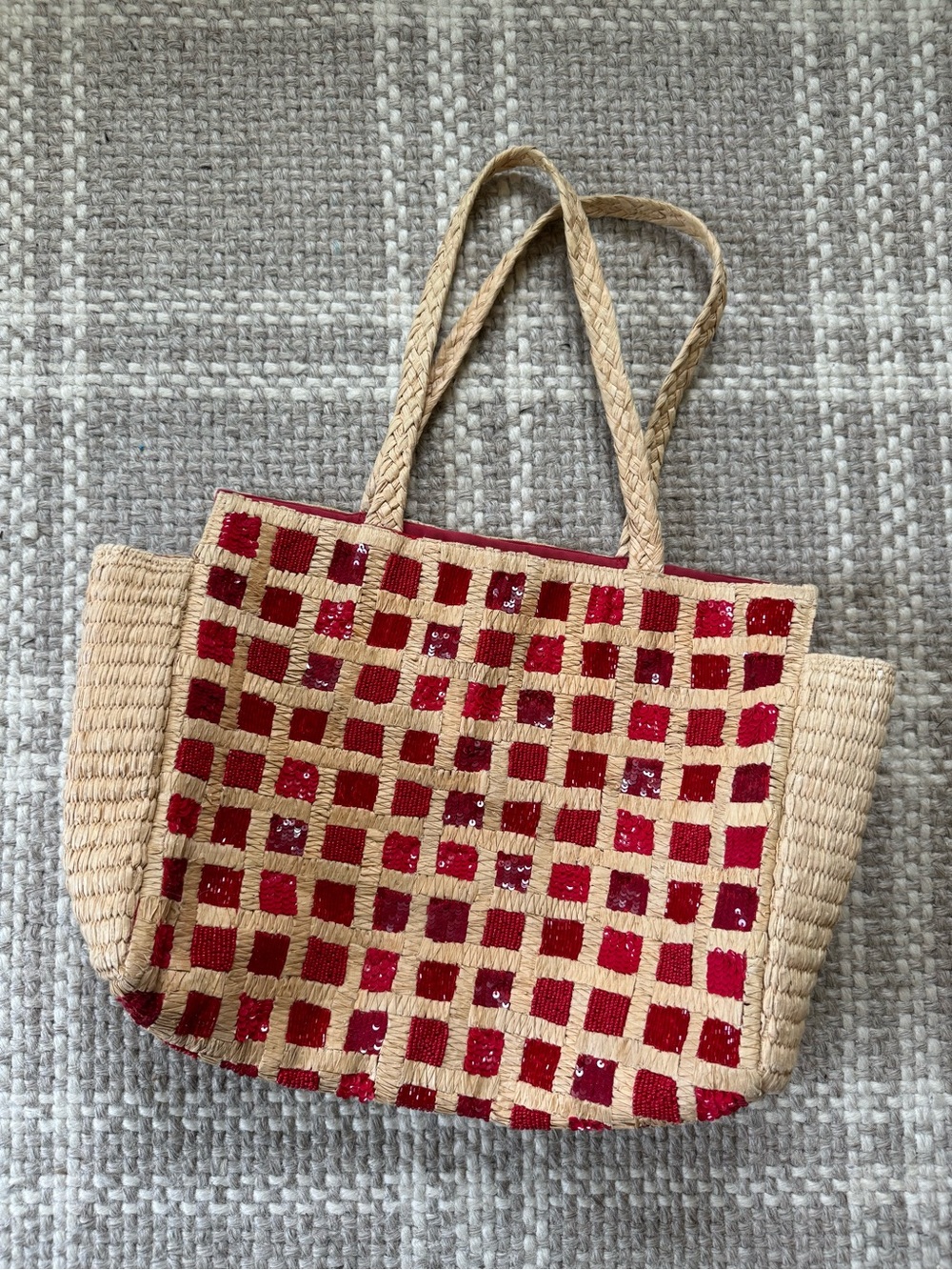 Anthropologie Sequin Raffia Tote red